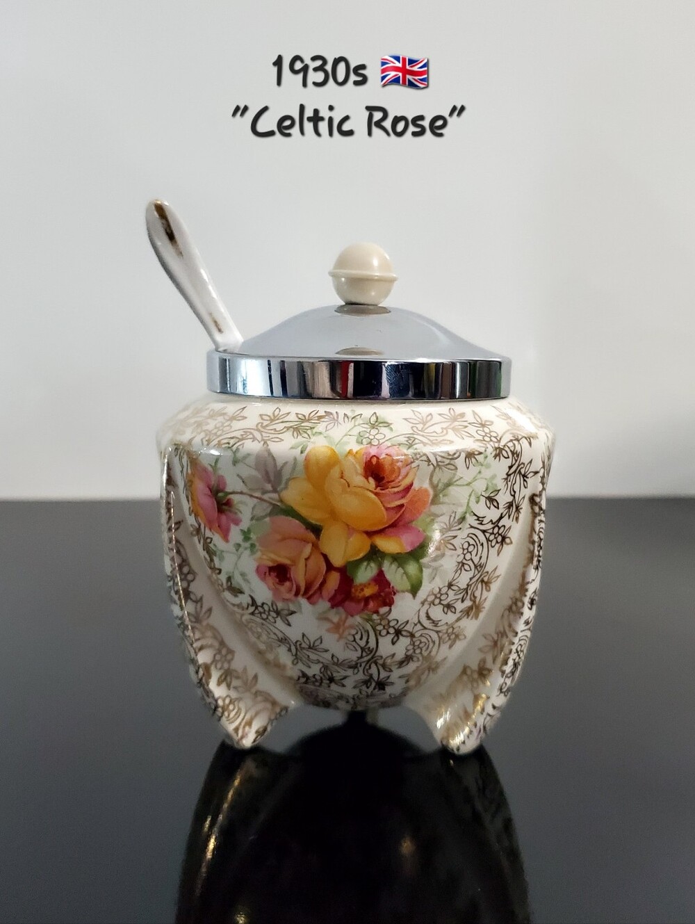 1930s Celtic Rose Jam Pot Preserve Jar Gold Chintz Floral Clarice Cliff Design